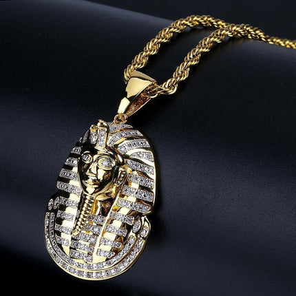 Gold Pharaoh Pendant Necklace, Iced Out Tutankhamun Ancient Egypt Statement Piece