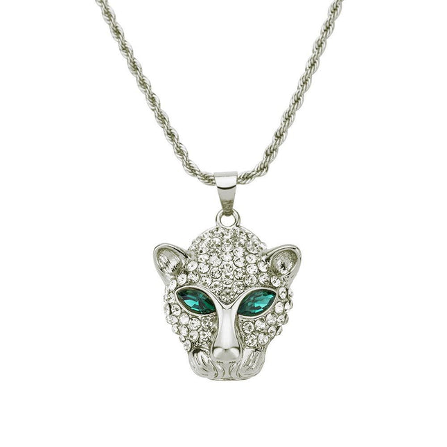 Crystal Leopard Head Pendant Necklace, Gold Silver Panther, Iced Out Animal Jewelry