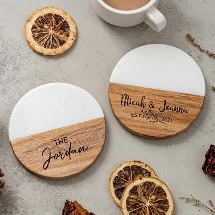 Personalized Marble Wood Coaster Set, Custom Engraved Names, Wedding Anniversary Gift
