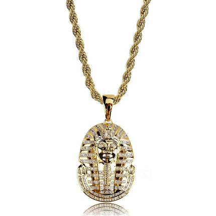 Gold Pharaoh Pendant Necklace, Iced Out Tutankhamun Ancient Egypt Statement Piece