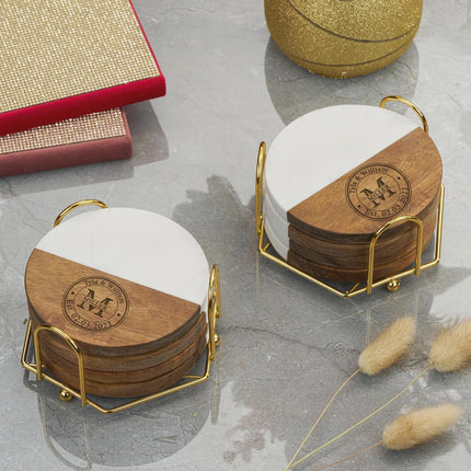 Personalized Marble Wood Coaster Set, Custom Engraved Names, Wedding Anniversary Gift