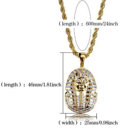 Gold Pharaoh Pendant Necklace, Iced Out Tutankhamun Ancient Egypt Statement Piece