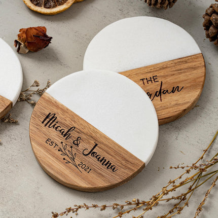 Personalized Marble Wood Coaster Set, Custom Engraved Names, Wedding Anniversary Gift