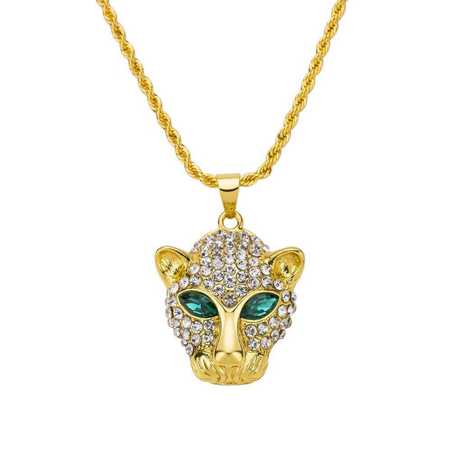 Crystal Leopard Head Pendant Necklace, Gold Silver Panther, Iced Out Animal Jewelry