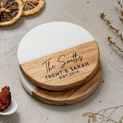 Personalized Marble Wood Coaster Set, Custom Engraved Names, Wedding Anniversary Gift