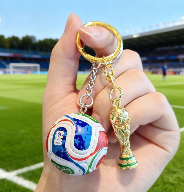 Mini Soccer Ball Keychain with Trophy Charm, World Cup Fan Gift, Sports Backpack Accessory