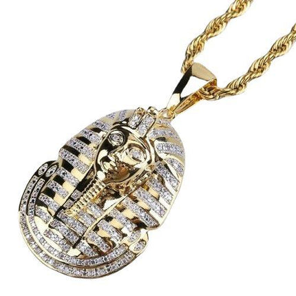 Gold Pharaoh Pendant Necklace, Iced Out Tutankhamun Ancient Egypt Statement Piece