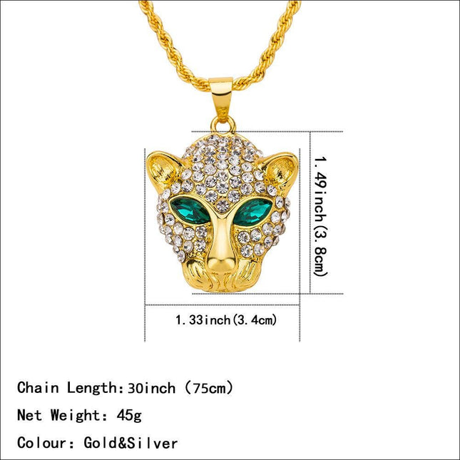 Crystal Leopard Head Pendant Necklace, Gold Silver Panther, Iced Out Animal Jewelry