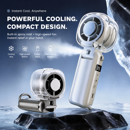 Portable USB-C Mist Cooling Fan, Rechargeable Handheld Mini Fan with Water Spray, LED Display, Foldable Travel Fan for Summer, Outdoor & Desk Use