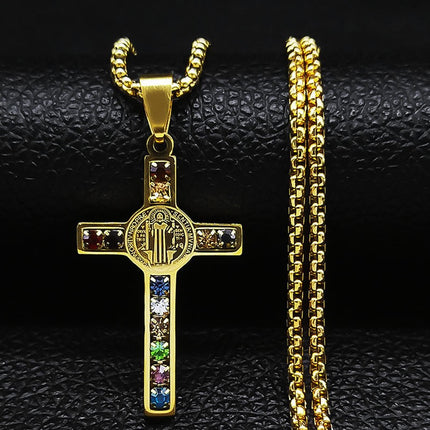 Rainbow Crystal Cross Necklace – Christian Faith Pendant, Colorful Religious Cross Charm, Gold & Silver Stainless Steel Necklace for Men & Women
