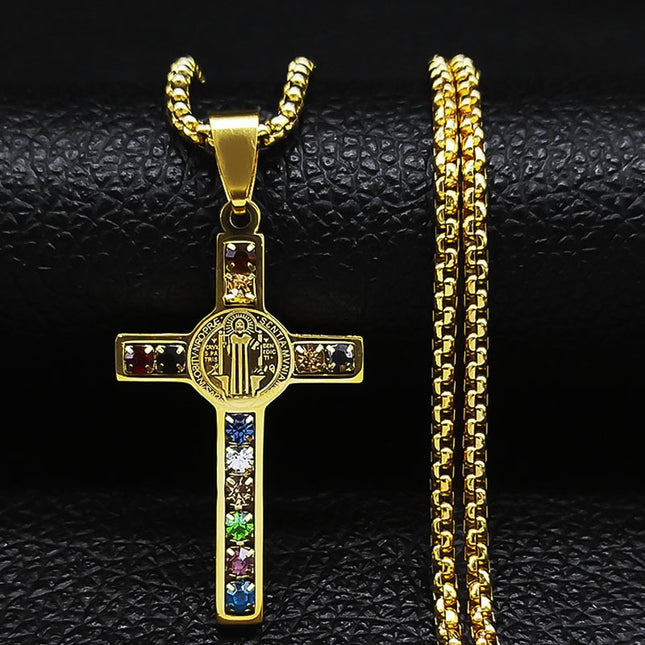 Rainbow Crystal Cross Necklace – Christian Faith Pendant, Colorful Religious Cross Charm, Gold & Silver Stainless Steel Necklace for Men & Women