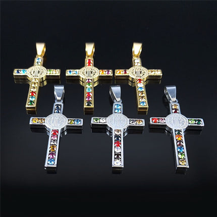 Rainbow Crystal Cross Necklace – Christian Faith Pendant, Colorful Religious Cross Charm, Gold & Silver Stainless Steel Necklace for Men & Women