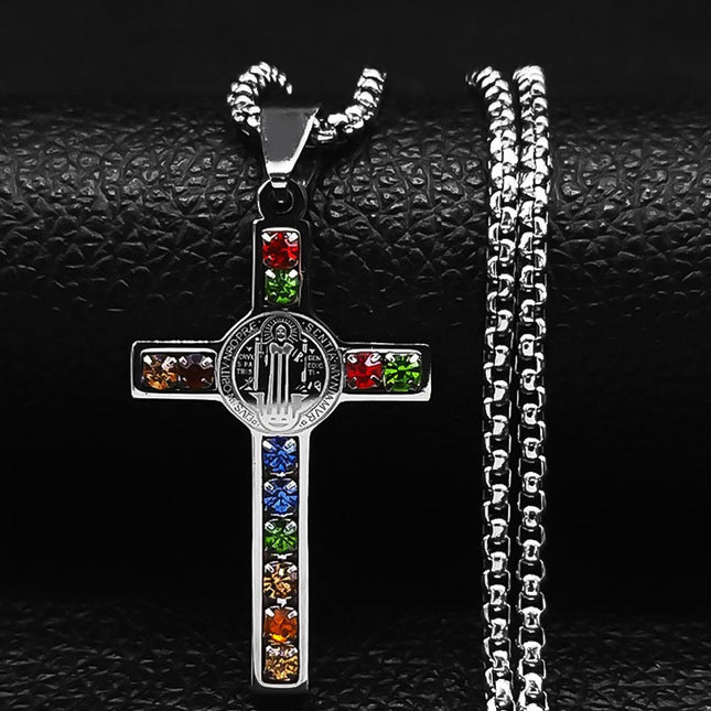 Rainbow Crystal Cross Necklace – Christian Faith Pendant, Colorful Religious Cross Charm, Gold & Silver Stainless Steel Necklace for Men & Women