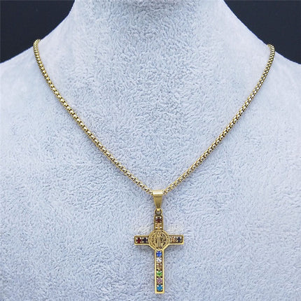Rainbow Crystal Cross Necklace – Christian Faith Pendant, Colorful Religious Cross Charm, Gold & Silver Stainless Steel Necklace for Men & Women