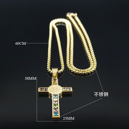 Rainbow Crystal Cross Necklace – Christian Faith Pendant, Colorful Religious Cross Charm, Gold & Silver Stainless Steel Necklace for Men & Women