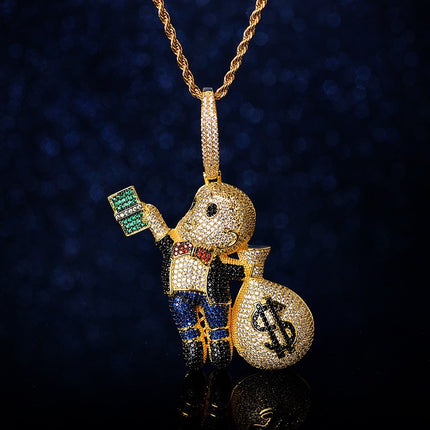 Iced-Out Money Bunny Necklace – Diamond Rabbit Pendant with Cash Bag Charm | Hip Hop Bling Chain for Men & Women