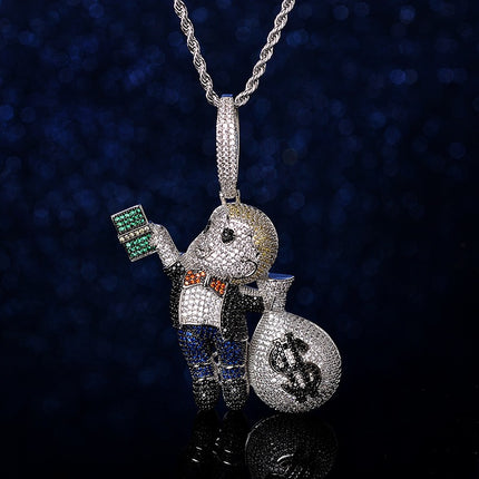 Iced-Out Money Bunny Necklace – Diamond Rabbit Pendant with Cash Bag Charm | Hip Hop Bling Chain for Men & Women
