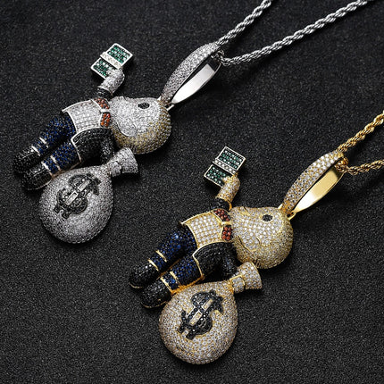 Iced-Out Money Bunny Necklace – Diamond Rabbit Pendant with Cash Bag Charm | Hip Hop Bling Chain for Men & Women