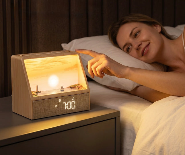 Sunrise & Sunset Smart Alarm Clock Lamp – Relaxing Ocean Scene Wake-Up Light with Ambient Night Light & Digital Display