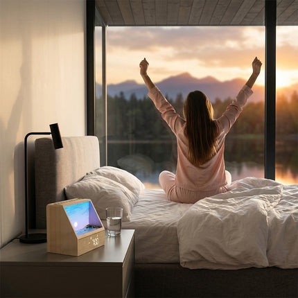 Sunrise & Sunset Smart Alarm Clock Lamp – Relaxing Ocean Scene Wake-Up Light with Ambient Night Light & Digital Display