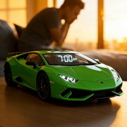 Super Sports Car Alarm Clock – Realistic Supercar Design with Real Engine & Exhaust Sound, LED Digital Clock, Cool Gift for Car Enthusiasts