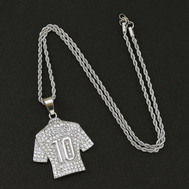 Messi #10 Jersey Iced-Out Pendant Necklace – Rhinestone Soccer Shirt Chain, Football Legend Fan Jewelry, Gold & Silver Hip Hop Necklace