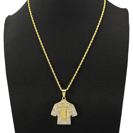Messi #10 Jersey Iced-Out Pendant Necklace – Rhinestone Soccer Shirt Chain, Football Legend Fan Jewelry, Gold & Silver Hip Hop Necklace
