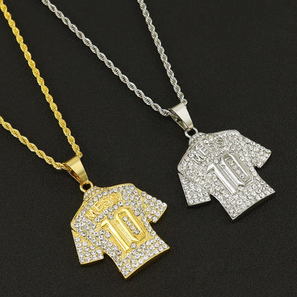 Messi #10 Jersey Iced-Out Pendant Necklace – Rhinestone Soccer Shirt Chain, Football Legend Fan Jewelry, Gold & Silver Hip Hop Necklace