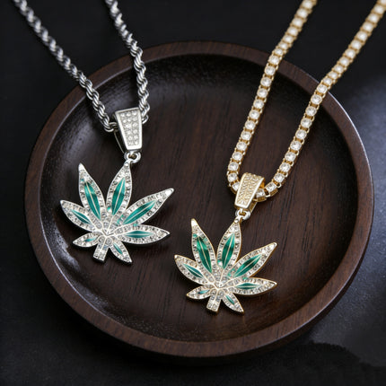 Iced Out Cannabis Leaf Necklace – Diamond Marijuana Leaf Pendant Chain for Men & Women | Hip Hop Streetwear Jewelry