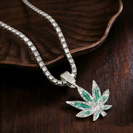 Iced Out Cannabis Leaf Necklace – Diamond Marijuana Leaf Pendant Chain for Men & Women | Hip Hop Streetwear Jewelry