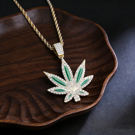 Iced Out Cannabis Leaf Necklace – Diamond Marijuana Leaf Pendant Chain for Men & Women | Hip Hop Streetwear Jewelry