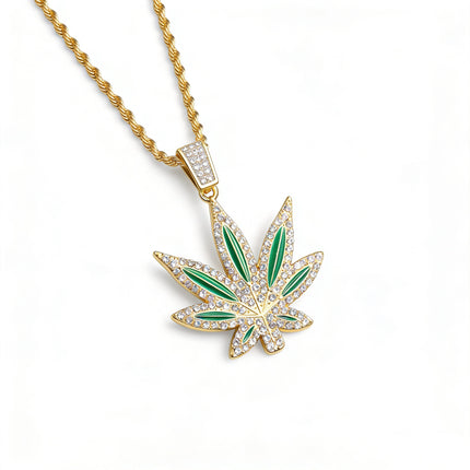 Iced Out Cannabis Leaf Necklace – Diamond Marijuana Leaf Pendant Chain for Men & Women | Hip Hop Streetwear Jewelry