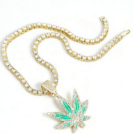 Iced Out Cannabis Leaf Necklace – Diamond Marijuana Leaf Pendant Chain for Men & Women | Hip Hop Streetwear Jewelry