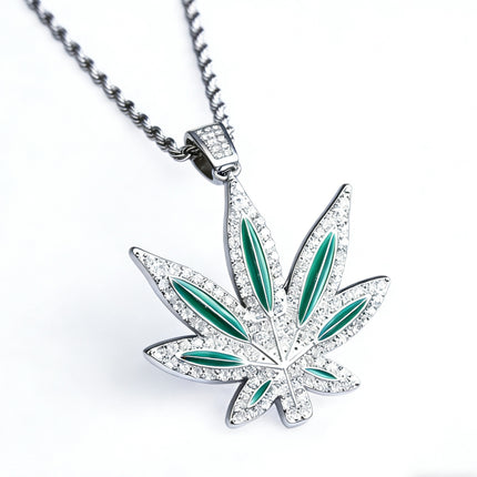 Iced Out Cannabis Leaf Necklace – Diamond Marijuana Leaf Pendant Chain for Men & Women | Hip Hop Streetwear Jewelry