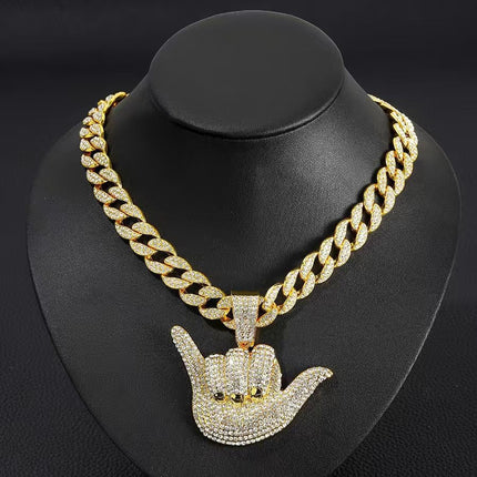 Iced Shaka Hand Pendant Necklace – Diamond Hand Gesture Chain | Gold & Silver Hip Hop Statement Jewelry