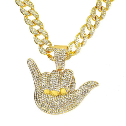Iced Shaka Hand Pendant Necklace – Diamond Hand Gesture Chain | Gold & Silver Hip Hop Statement Jewelry