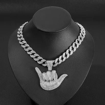 Iced Shaka Hand Pendant Necklace – Diamond Hand Gesture Chain | Gold & Silver Hip Hop Statement Jewelry