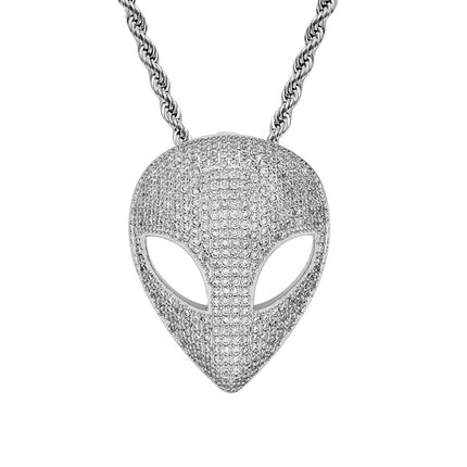 Iced Alien Head Pendant Necklace – Crystal UFO Alien Necklace | Gold & Silver Cosmic Statement Jewelry