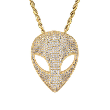 Iced Alien Head Pendant Necklace – Crystal UFO Alien Necklace | Gold & Silver Cosmic Statement Jewelry