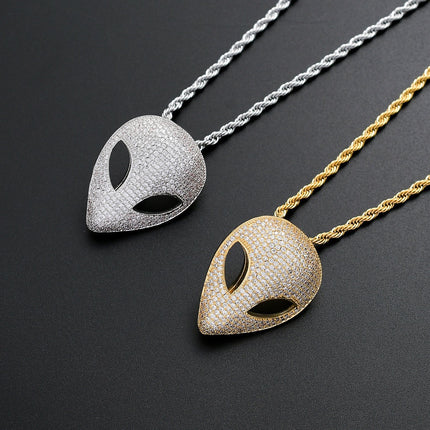 Iced Alien Head Pendant Necklace – Crystal UFO Alien Necklace | Gold & Silver Cosmic Statement Jewelry