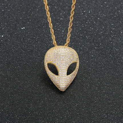 Iced Alien Head Pendant Necklace – Crystal UFO Alien Necklace | Gold & Silver Cosmic Statement Jewelry