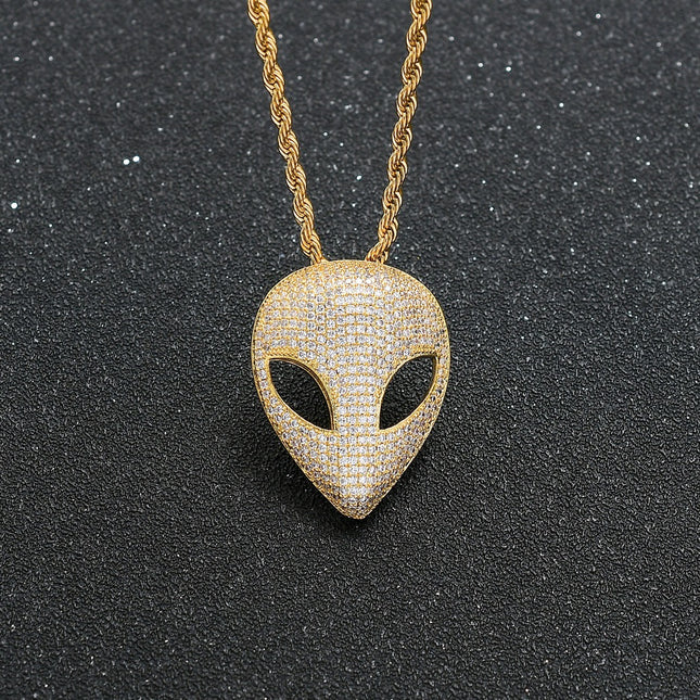 Iced Alien Head Pendant Necklace – Crystal UFO Alien Necklace | Gold & Silver Cosmic Statement Jewelry