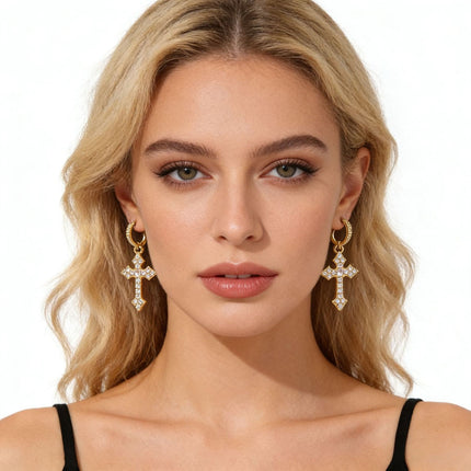 Radiant Crystal Cross Hoop Earrings – Gold & Silver Faith-Inspired Dangle Earrings | Cubic Zirconia Cross Charm | Elegant Christian Jewelry Gift for Women