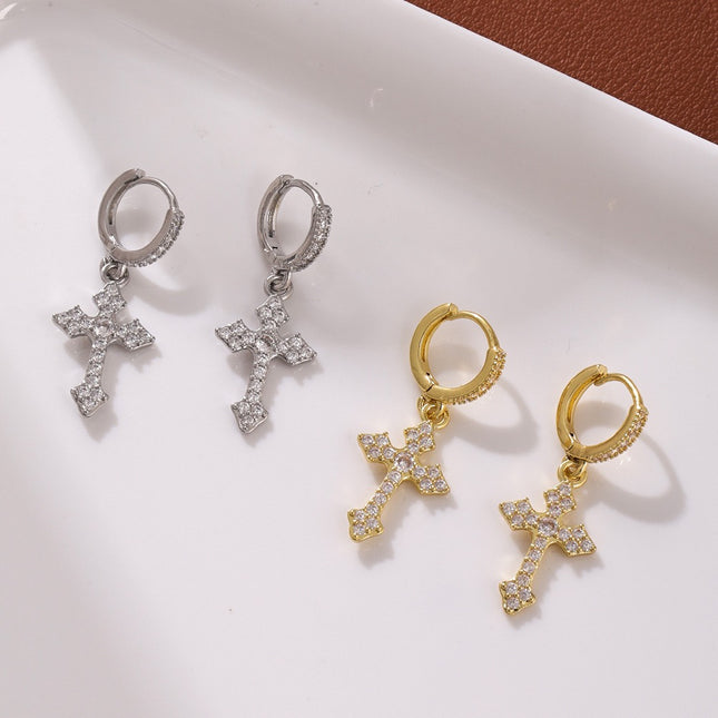 Radiant Crystal Cross Hoop Earrings – Gold & Silver Faith-Inspired Dangle Earrings | Cubic Zirconia Cross Charm | Elegant Christian Jewelry Gift for Women