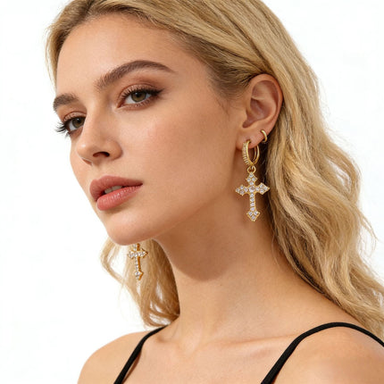Radiant Crystal Cross Hoop Earrings – Gold & Silver Faith-Inspired Dangle Earrings | Cubic Zirconia Cross Charm | Elegant Christian Jewelry Gift for Women