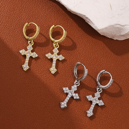 Radiant Crystal Cross Hoop Earrings – Gold & Silver Faith-Inspired Dangle Earrings | Cubic Zirconia Cross Charm | Elegant Christian Jewelry Gift for Women