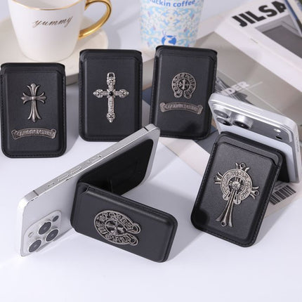Vintage Leather MagSafe Wallet Stand for iPhone – Magnetic Card Holder with Foldable Kickstand, RFID Protection & Gothic Cross Collection