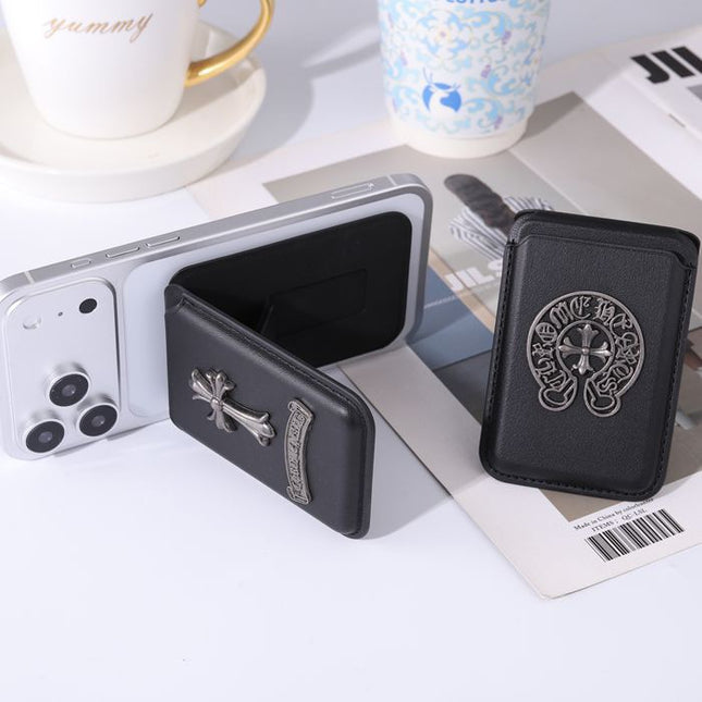 Vintage Leather MagSafe Wallet Stand for iPhone – Magnetic Card Holder with Foldable Kickstand, RFID Protection & Gothic Cross Collection