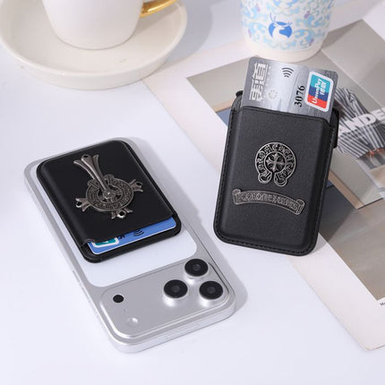 Vintage Leather MagSafe Wallet Stand for iPhone – Magnetic Card Holder with Foldable Kickstand, RFID Protection & Gothic Cross Collection