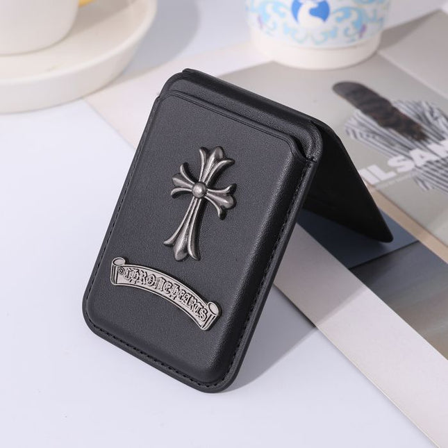 Vintage Leather MagSafe Wallet Stand for iPhone – Magnetic Card Holder with Foldable Kickstand, RFID Protection & Gothic Cross Collection
